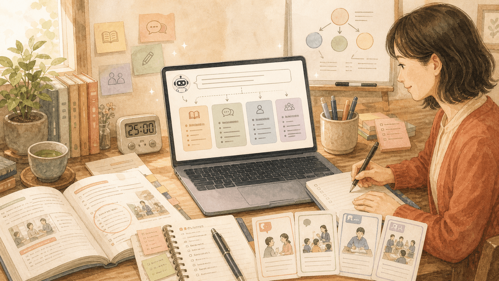 AIが教科書と授業メモから教案・例文・学習者対応の下書きを整理するイメージ