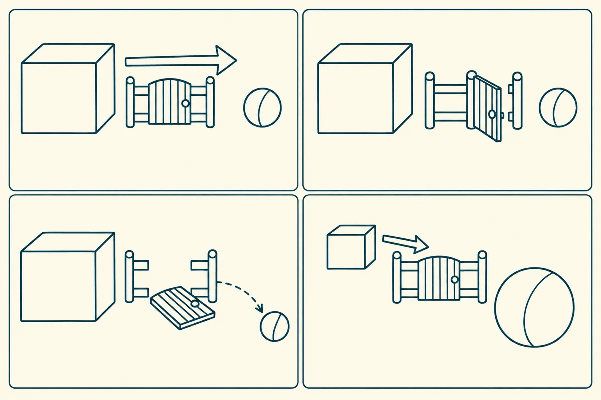 箱と門と丸の位置関係で、使役の意味の違いを示した図。4つのマスに分かれている。