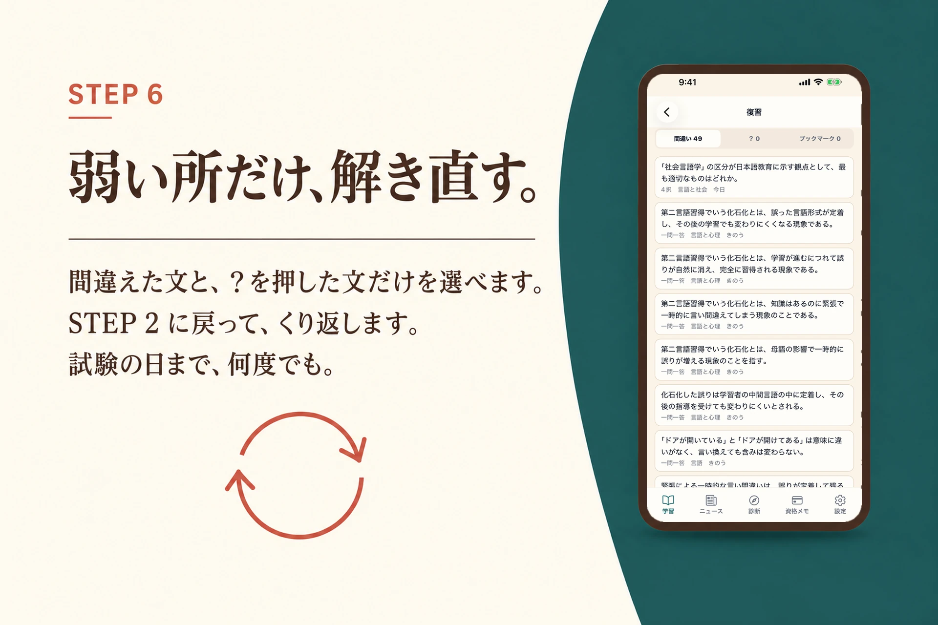 STEP 6 弱い所だけ、解き直す。間違えた文と、?を押した文だけを選べます。STEP 2 に戻って、くり返します。試験の日まで、何度でも。