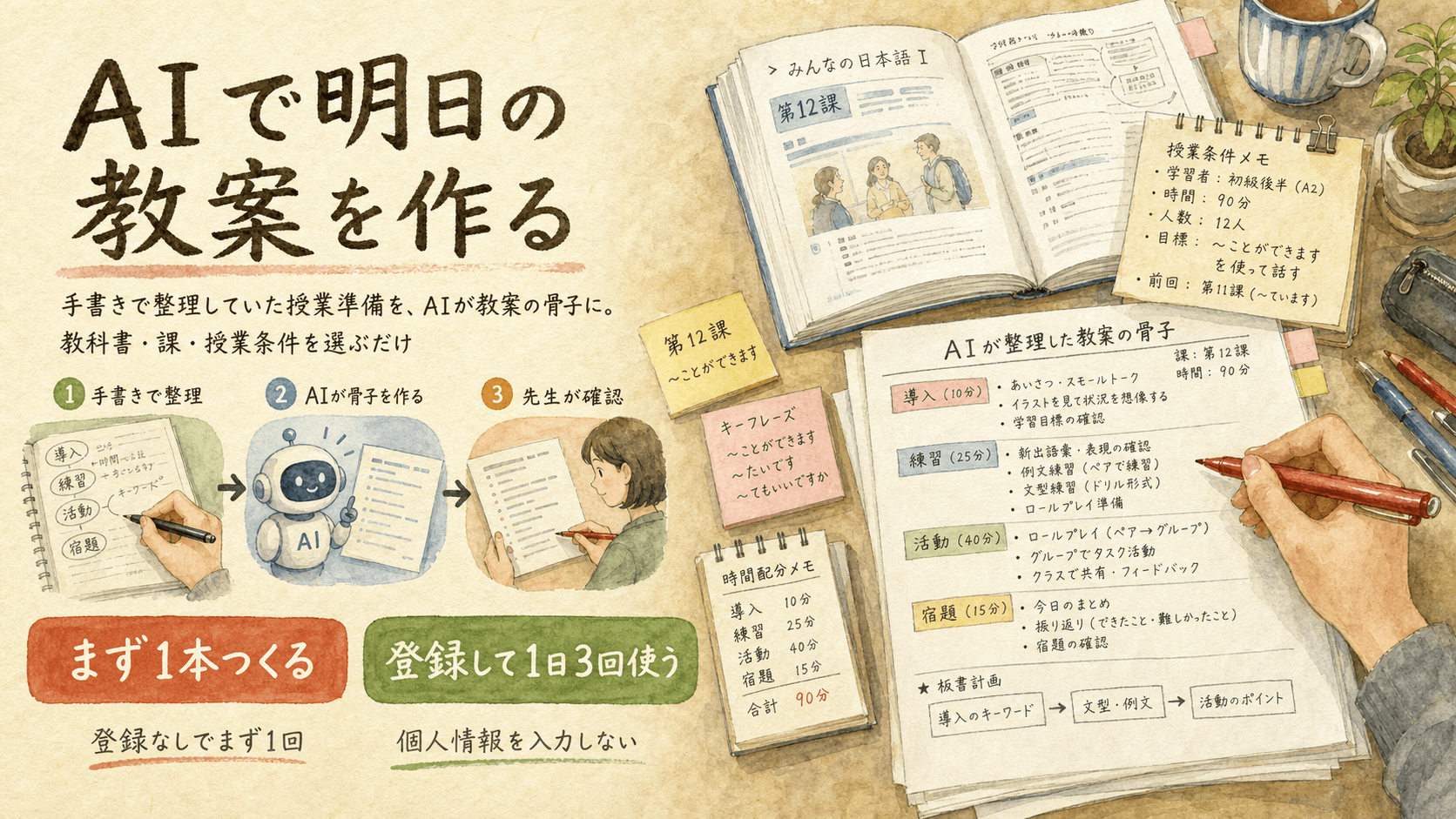 明日の教案を作るために、教科書・課・授業条件を選び、導入・練習・活動・宿題の流れを整理する水彩・和紙の完成ビジュアル。AIで授業準備を下書きし、登録なしでまず1回、登録後は1日3回使える。