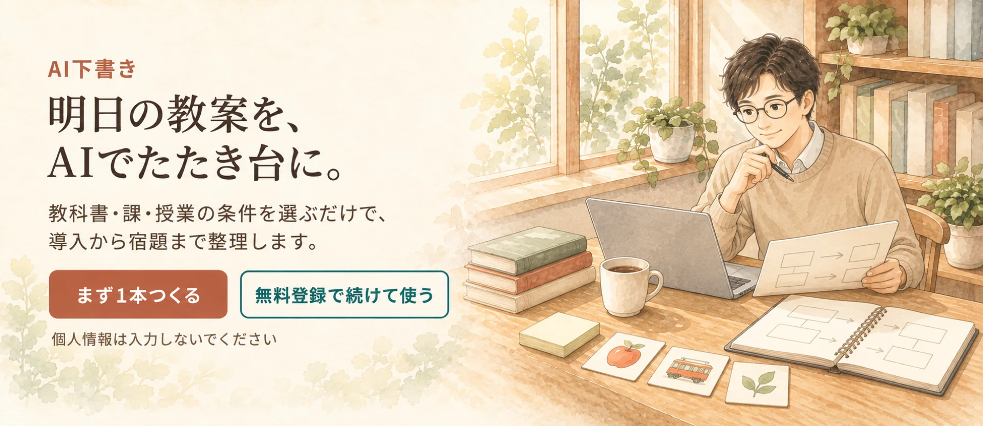 AI下書き。明日の教案を、AIでたたき台に。教科書・課・授業の条件を選ぶだけで、導入から宿題まで整理します。まず1本つくる、または無料登録で続けて使う。個人情報は入力しないでください。窓辺の机で先生が教案を準備している水彩の完成ビジュアル。