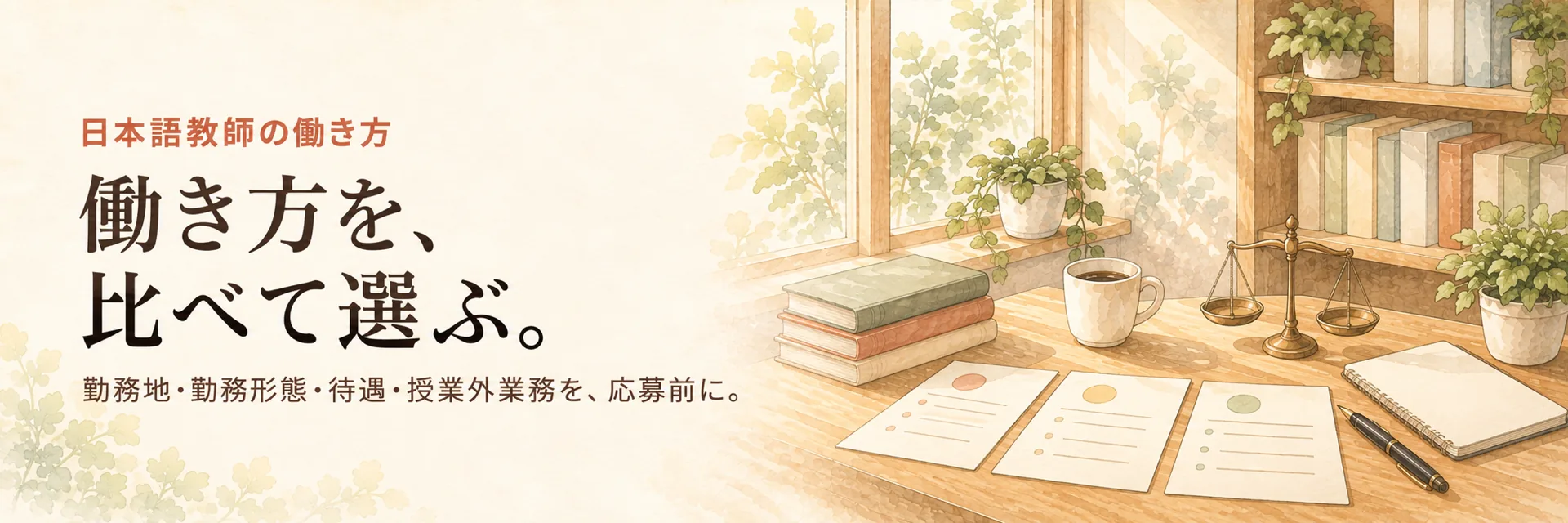 日本語教師の働き方。働き方を、比べて選ぶ。勤務地・勤務形態・待遇・授業外業務を、応募前に。天びんと3枚の求人票、ノートを描いた水彩の静物画。