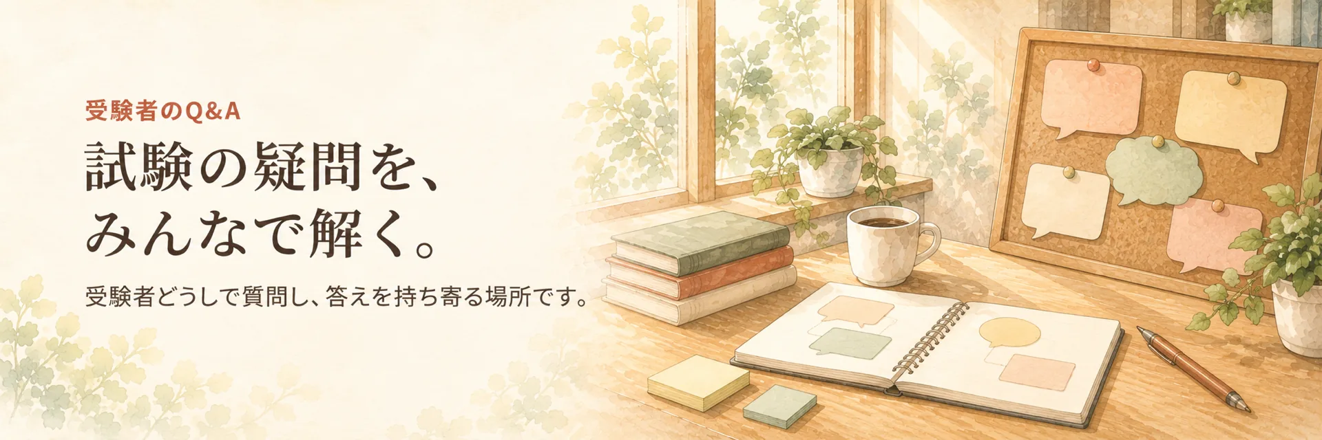 受験者のQ&A。試験の疑問を、みんなで解く。受験者どうしで質問し、答えを持ち寄る場所です。吹き出し形の付箋を貼ったコルクボードとノートを描いた水彩の静物画。