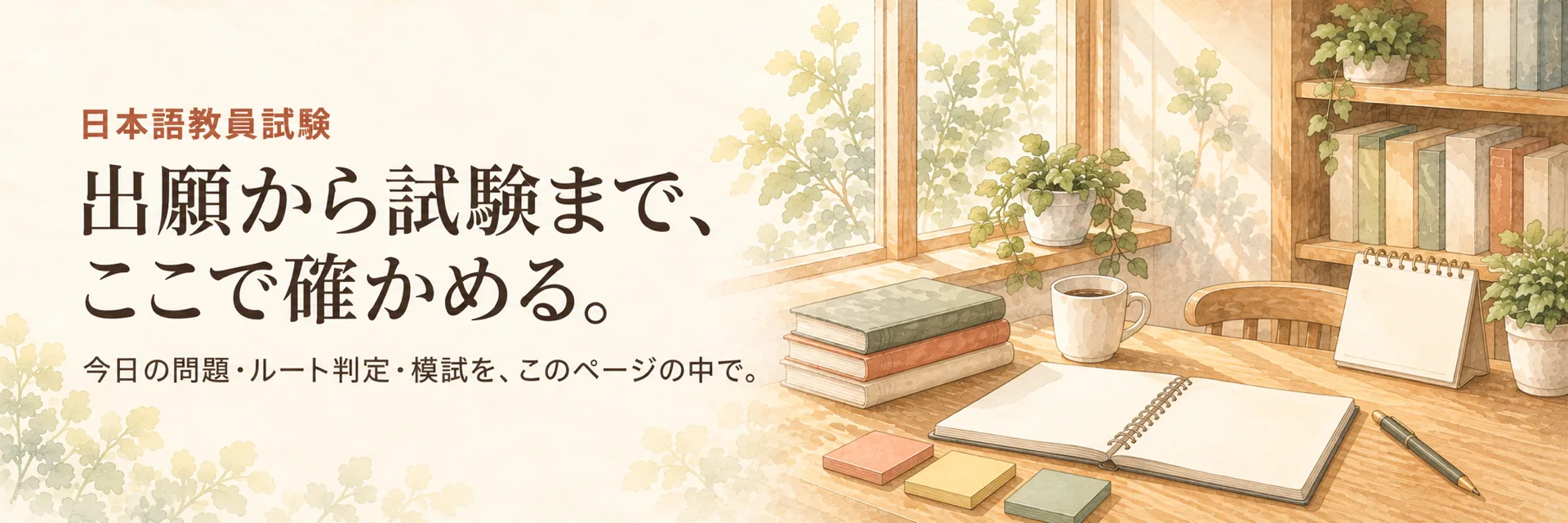 日本語教員試験。出願から試験まで、ここで確かめる。今日の問題・ルート判定・模試を、このページの中で。窓辺の机にノート、卓上カレンダー、付箋、万年筆が置かれた水彩の静物画。