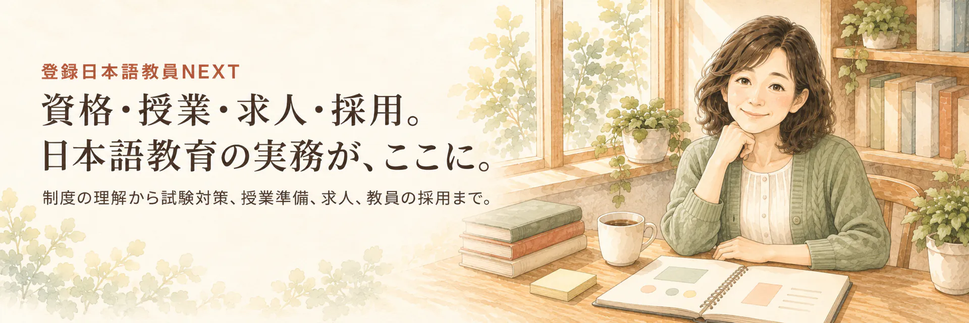 登録日本語教員NEXT。資格・授業・求人・採用。日本語教育の実務が、ここに。制度の理解から試験対策、授業準備、求人、教員の採用まで。窓辺の机でノートと積んだ本、マグカップを前に、穏やかに微笑む先生の水彩画。