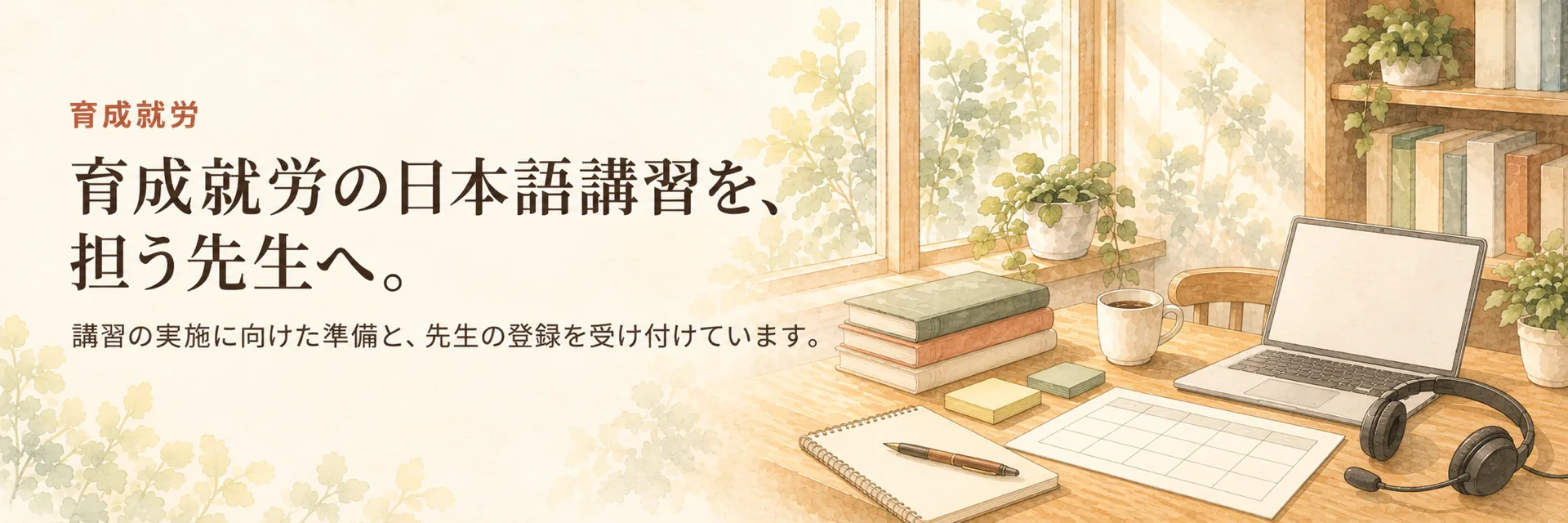 育成就労。育成就労の日本語講習を、担う先生へ。講習の実施に向けた準備と、先生の登録を受け付けています。窓辺の机にノートパソコンとヘッドセット、時間割の表を描いた水彩の静物画。
