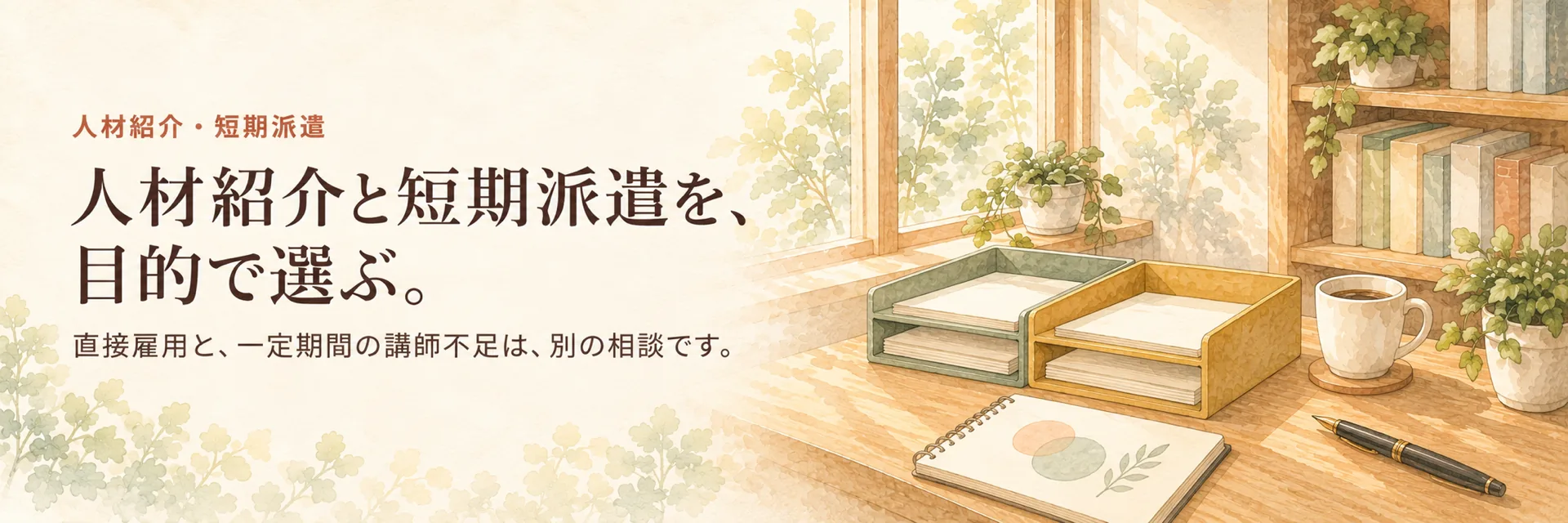 人材紹介・短期派遣。人材紹介と短期派遣を、目的で選ぶ。直接雇用と、一定期間の講師不足は、別の相談です。二つに分かれたレターケースとノート、万年筆の水彩の静物画。