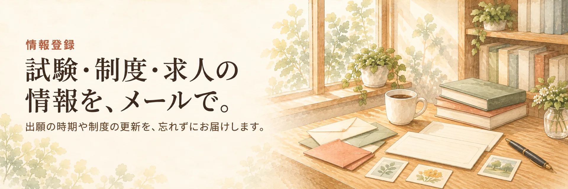 情報登録。試験・制度・求人の情報を、メールで。出願の時期や制度の更新を、忘れずにお届けします。封筒と便せん、万年筆を描いた水彩の静物画。