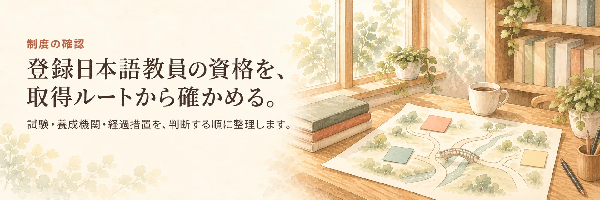 制度の確認。登録日本語教員の資格を、取得ルートから確かめる。試験・養成機関・経過措置を、判断する順に整理します。分かれ道の地図と3色の付箋、本を描いた水彩の静物画。