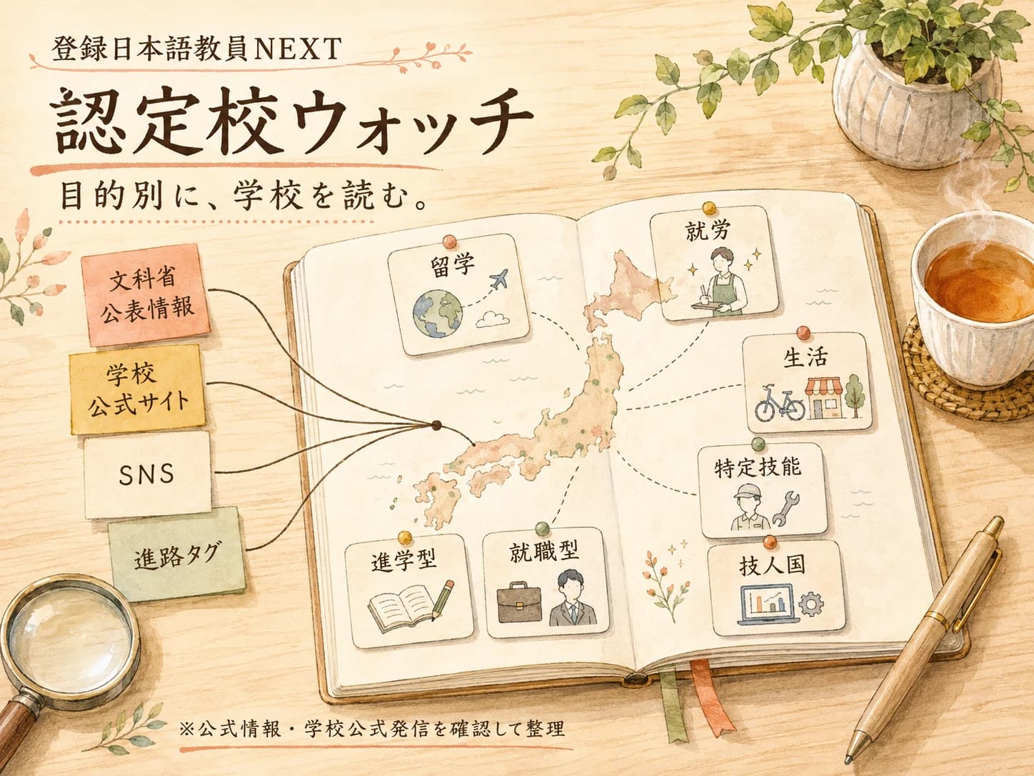 登録日本語教員NEXT 認定校ウォッチ。文科省公表情報、学校公式サイト、SNS、進路タグを重ね、目的別に学校を読むための水彩ビジュアル。