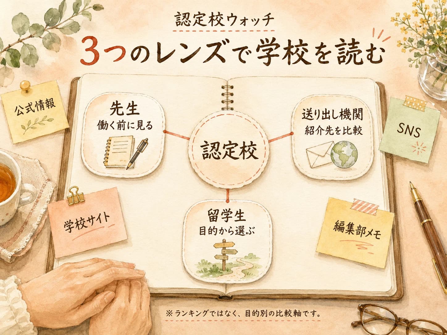 認定校ウォッチの3つのレンズ。先生、留学生、送り出し機関の視点で認定日本語教育機関を比較する水彩ビジュアル。