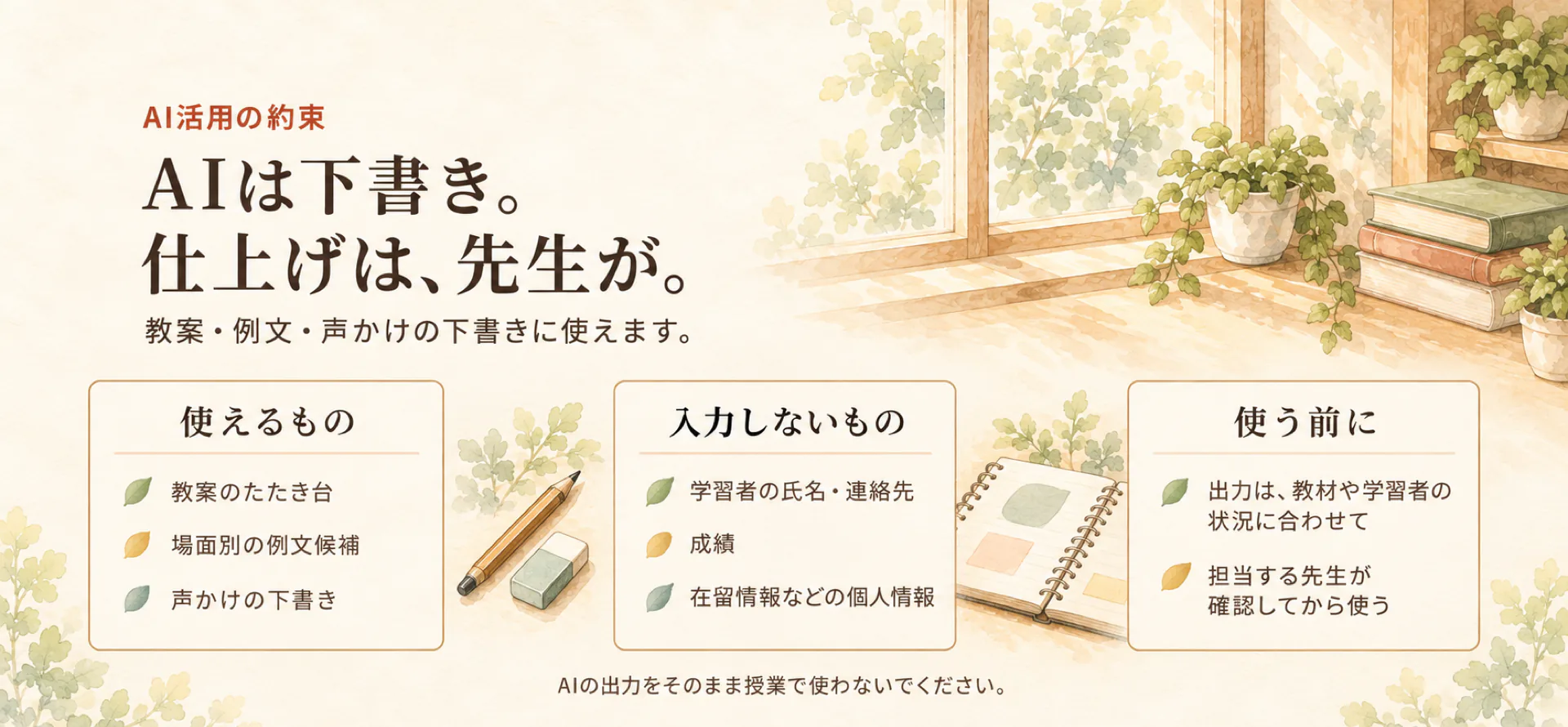 AI活用の約束。AIは下書き。仕上げは、先生が。使えるもの、入力しないもの、使う前に、の3つに分けて示した水彩の図。AIの出力をそのまま授業で使わないでください。