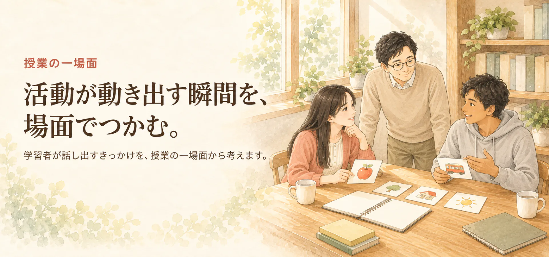 授業の一場面。活動が動き出す瞬間を、場面でつかむ。学習者が話し出すきっかけを、授業の一場面から考えます。窓辺の机を囲み、先生が見守る中で、2人の学習者が絵カードを使ってペア活動をしている水彩画