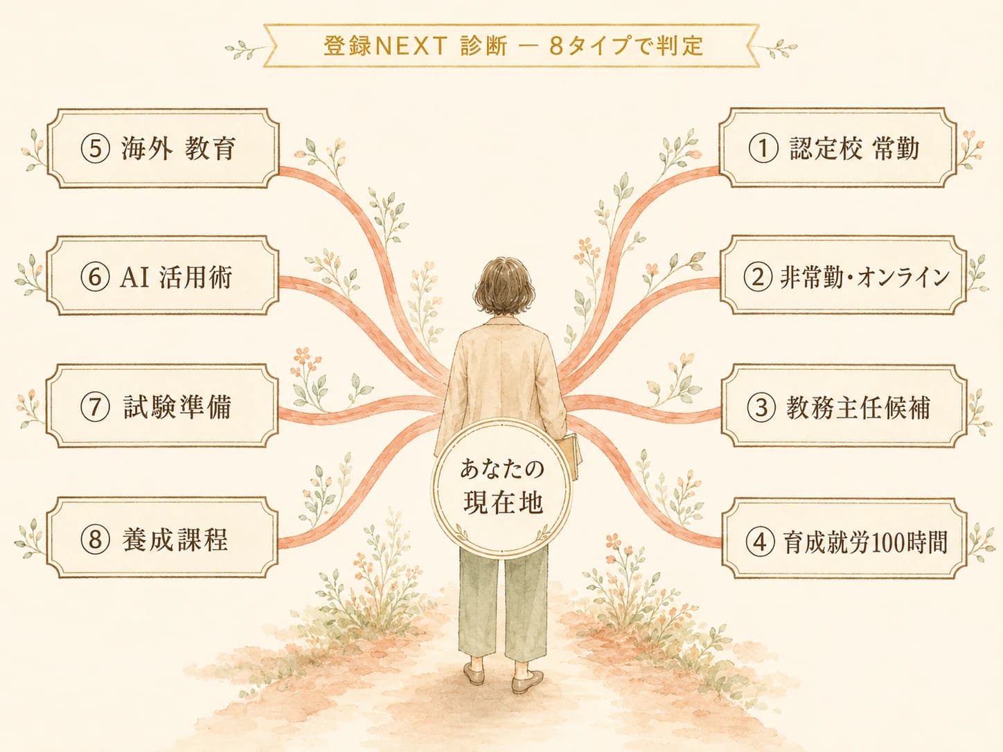 3分でわかる、あなたに向く資格後の働き方。立場・関心・希望から8タイプで判定する登録日本語教員NEXT診断のビジュアル。認定校常勤・非常勤オンライン・教務主任候補・育成就労・海外・AI教材・受験前・大学別科の8タイプ。