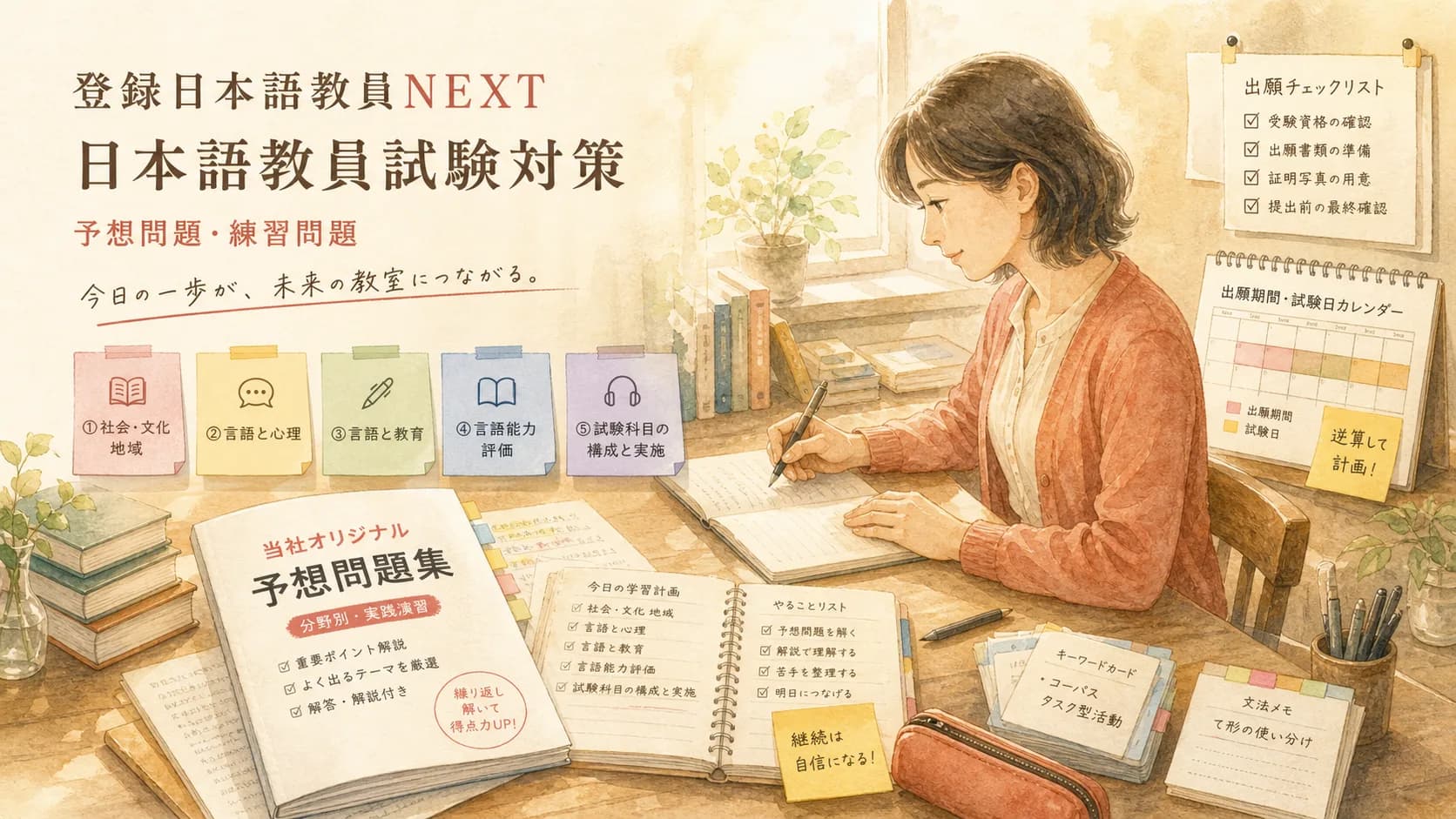 登録日本語教員NEXT 日本語教員試験対策。受験予定者が机で学習計画、出願チェックリスト、当社オリジナル予想問題集、5領域の学習タブを確認している水彩ビジュアル。