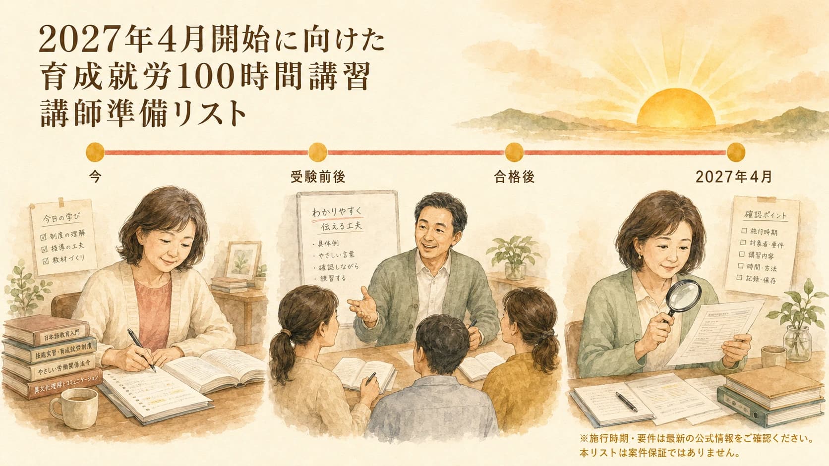 2027年4月に向けた育成就労100時間講習 情報リスト。4ステップの準備ロードマップ。本リストは講師登壇や案件案内を保証するものではありません。制度要件は公式情報・専門家への確認を推奨します。