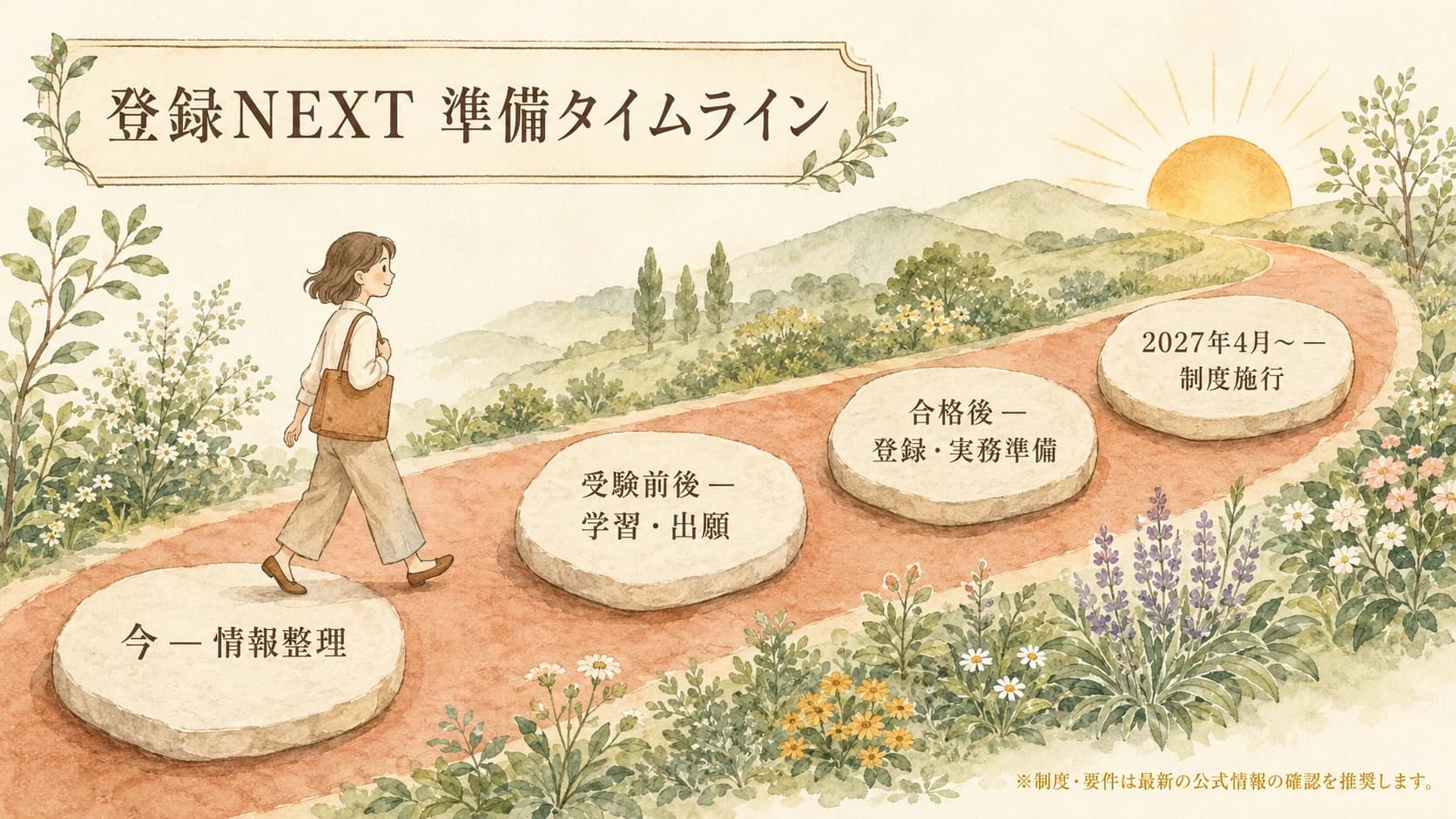 2027年4月1日、育成就労制度の施行が予定されています。育成就労100時間講習 情報リストへの登録を案内するタイムラインインフォグラフィック。出入国在留管理庁・厚生労働省公表情報に基づく。本リストは講師登壇や案件案内を保証するものではありません。