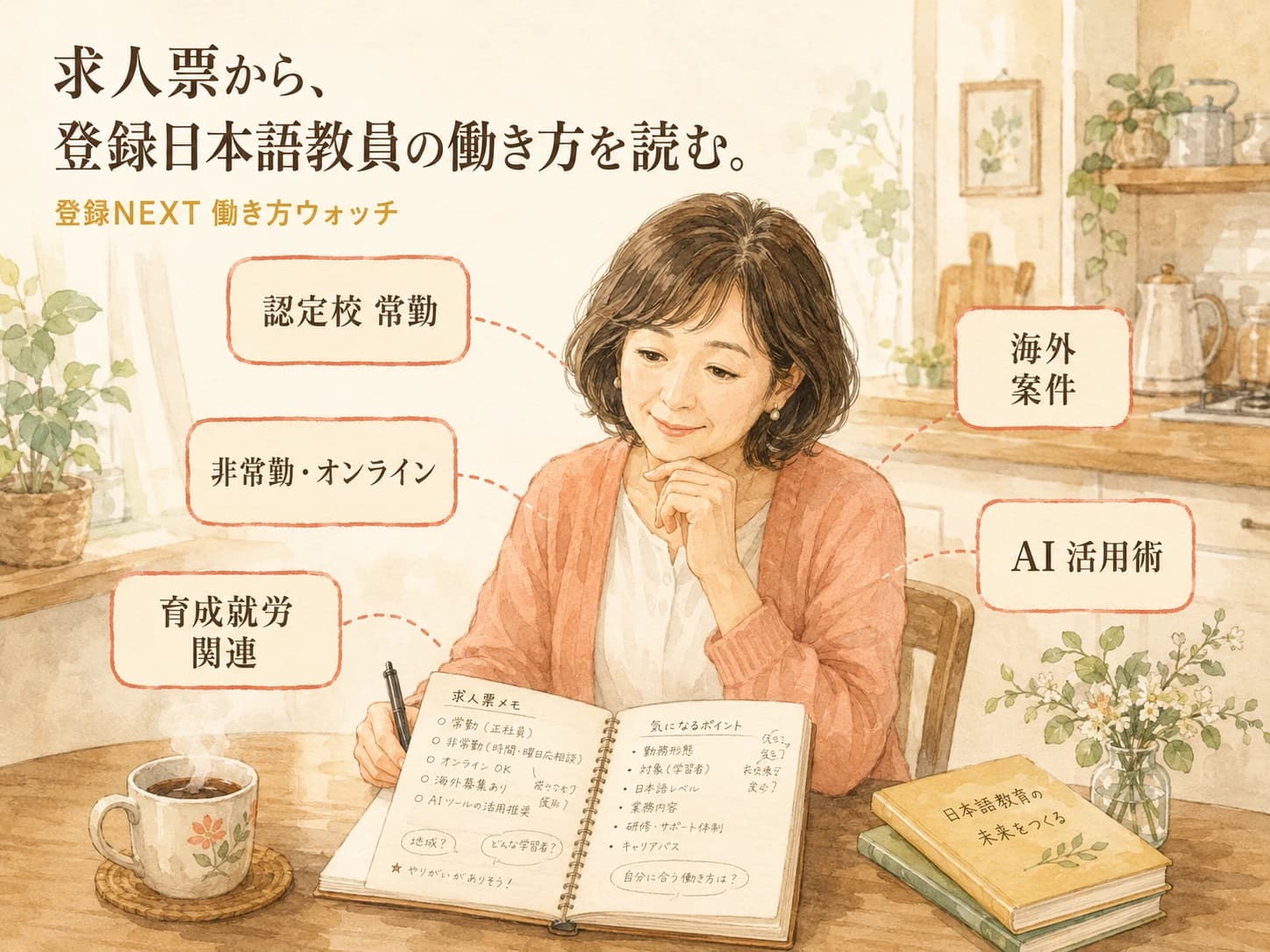 登録日本語教員NEXT 働き方ウォッチ。求人票から登録日本語教員の働き方を読む。認定校・非常勤・育成就労制度・海外・AI案件の傾向を分析。実績数字ではなく傾向の把握が目的です。