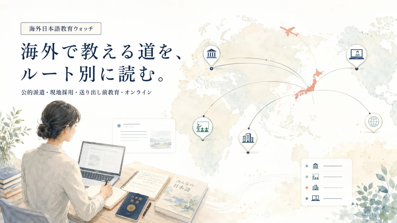 海外日本語教育ウォッチ。海外で教える道を、ルート別に読む。公的派遣、現地採用、送り出し前教育、オンラインを世界地図と日本語教師の姿で表した水彩ビジュアル。