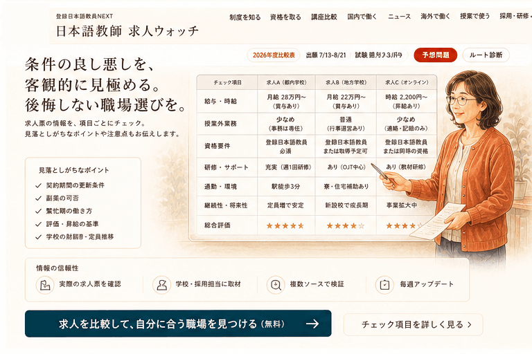 求人ウォッチページ向けに、求人条件や確認項目を信頼感のある比較表で整理するビジュアル。