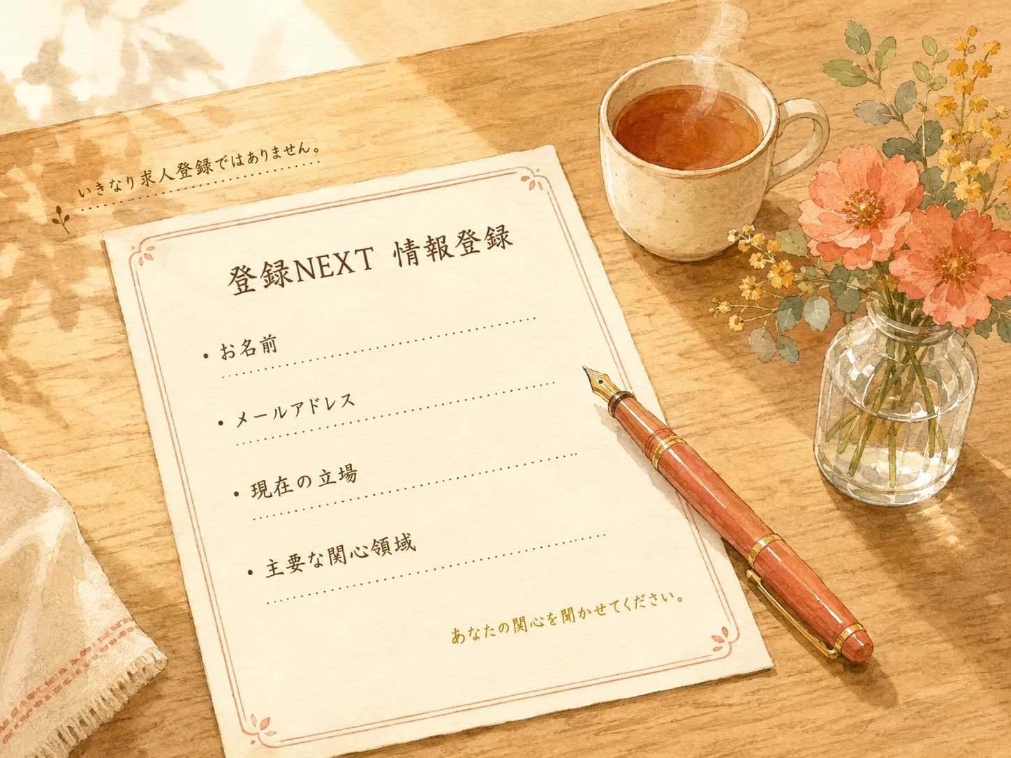 情報登録3ステップジャーニー。Step 1: 関心を登録する (4項目)、Step 2: 詳細プロフィール (任意)、希望に合う情報が届く。個別相談・職業紹介は希望者のみ別同意で。