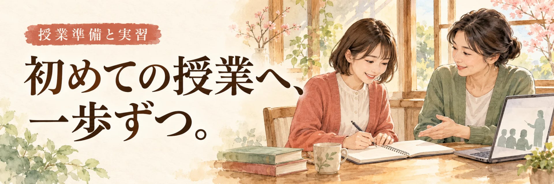 授業準備と実習。初めての授業へ、一歩ずつ。若い先生と指導担当者が窓辺の机で授業準備をする水彩イラスト。実際の参加者の写真ではありません。