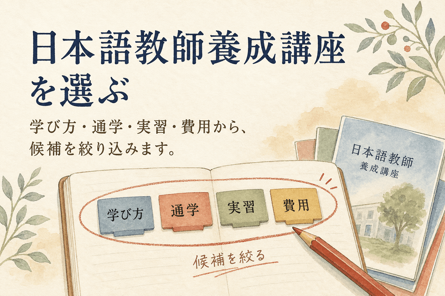 日本語教師養成講座を選ぶ。学び方・通学・実習・費用から候補を絞り込む水彩・和紙の完成ビジュアル。