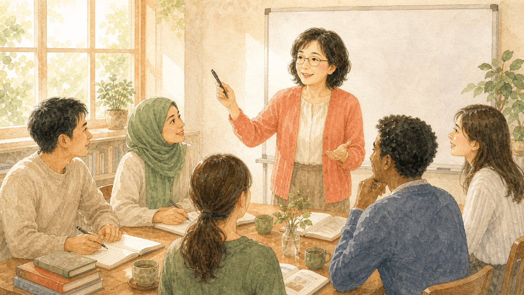 中高年の日本語教師が、多国籍の成人学習者に対面授業を行っている水彩ビジュアル。