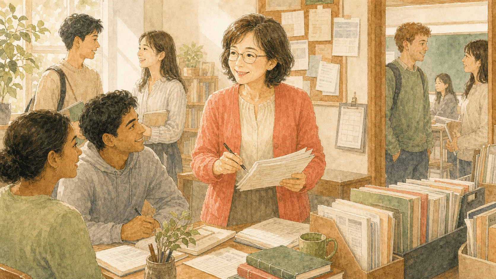 中高年の日本語教師が、日本語学校で成人学習者や同僚と関わりながら働いている水彩ビジュアル。