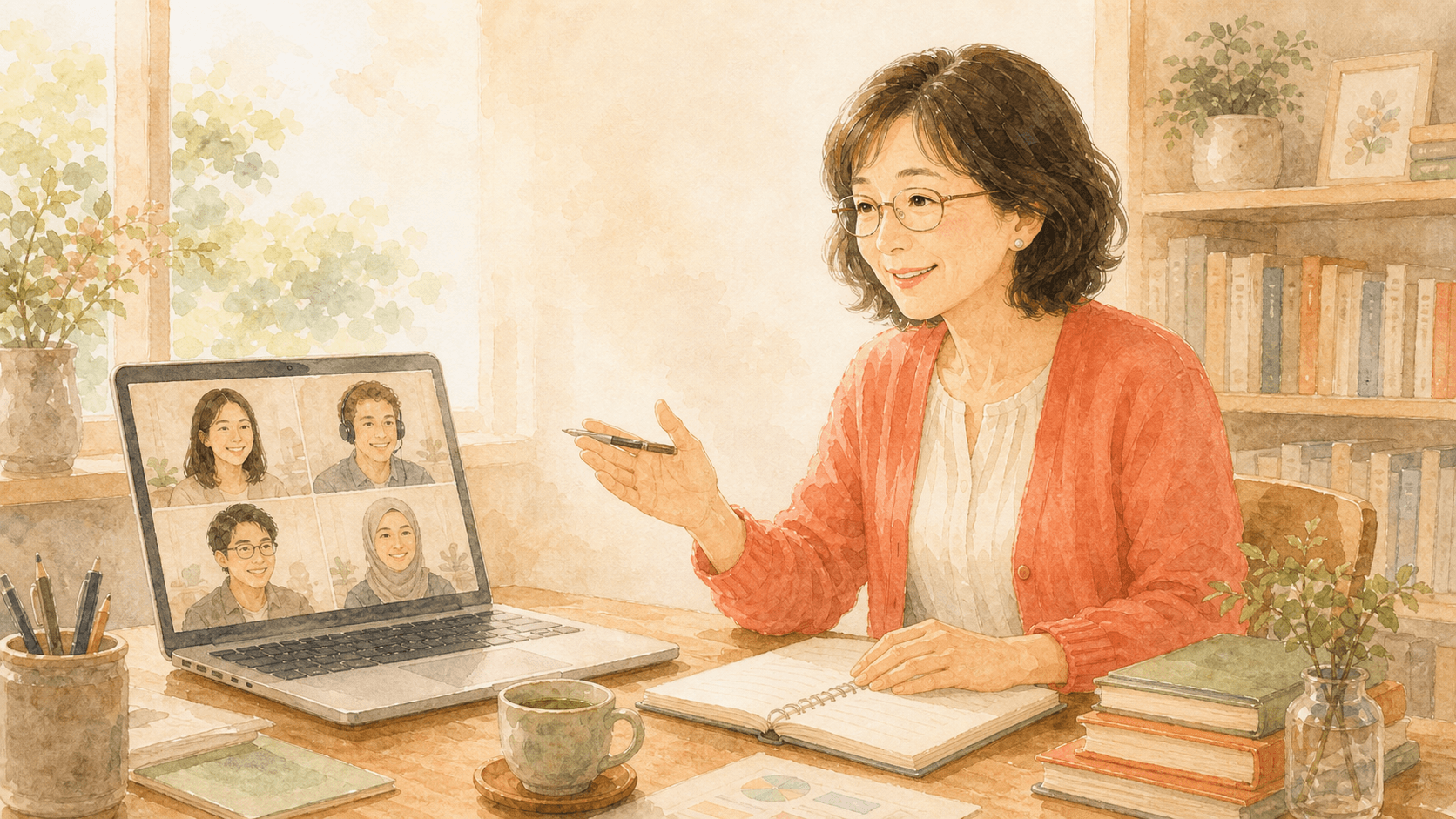 中高年の日本語教師が、自宅から成人学習者にオンライン授業を行っている水彩ビジュアル。