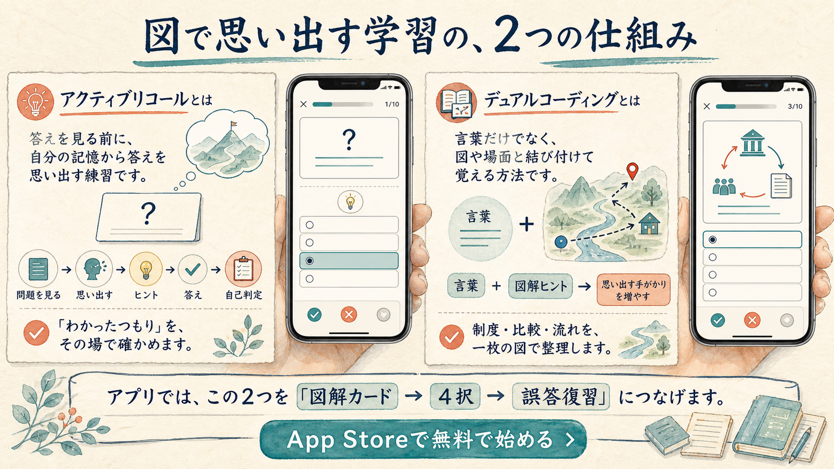 アクティブリコールとデュアルコーディングの意味、アプリ内での学び方、図解カードから4択、誤答復習へ進む流れを説明する完成ビジュアル。