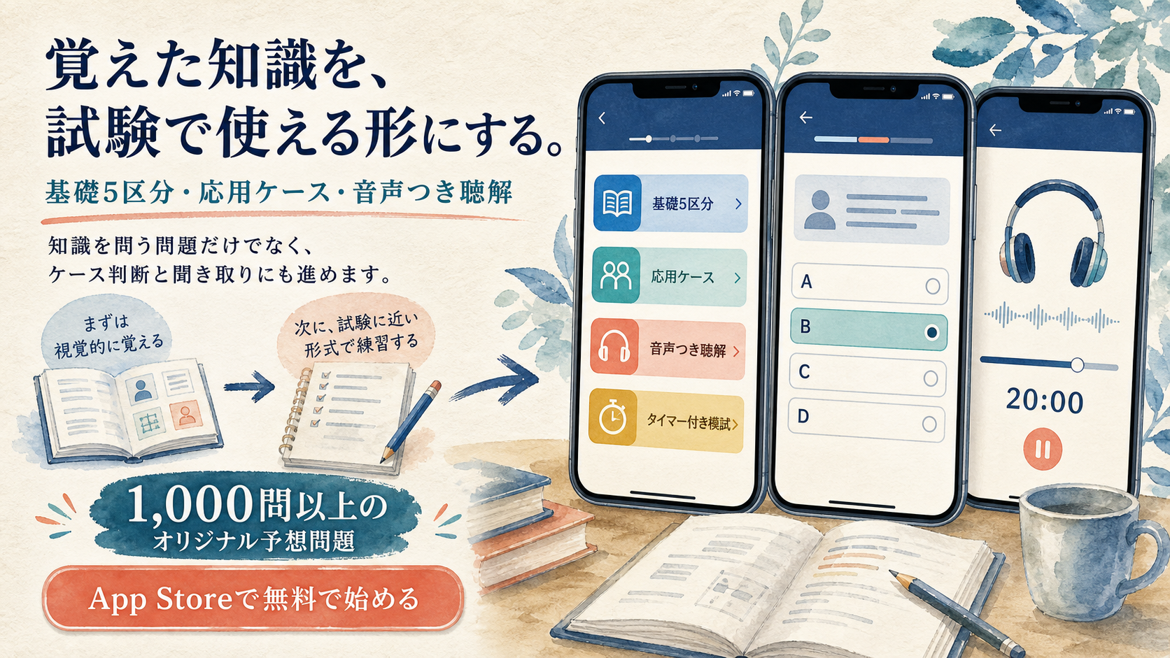 基礎5区分、応用ケース、音声つき聴解を通じ、思い出した知識を試験で使える形にする登録日本語教員試験対策アプリ。