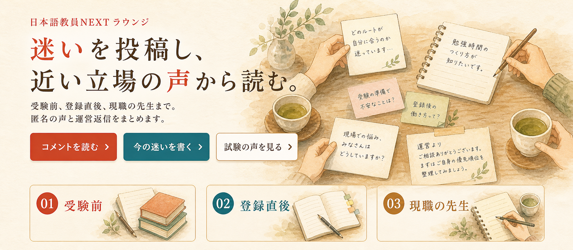 受験前、登録直後、現職教師の匿名の声と投稿導線を整理した水彩ビジュアル。