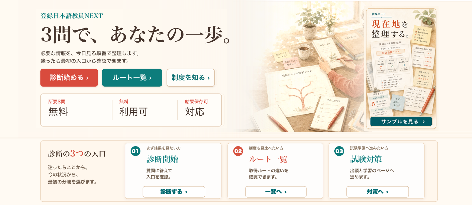 登録ルート診断ページ向けに、現在地、8分岐、匿名診断、結果保存、経過措置、講座選び、求人準備の入口を大人向け診断デスクとして整理した一枚絵。