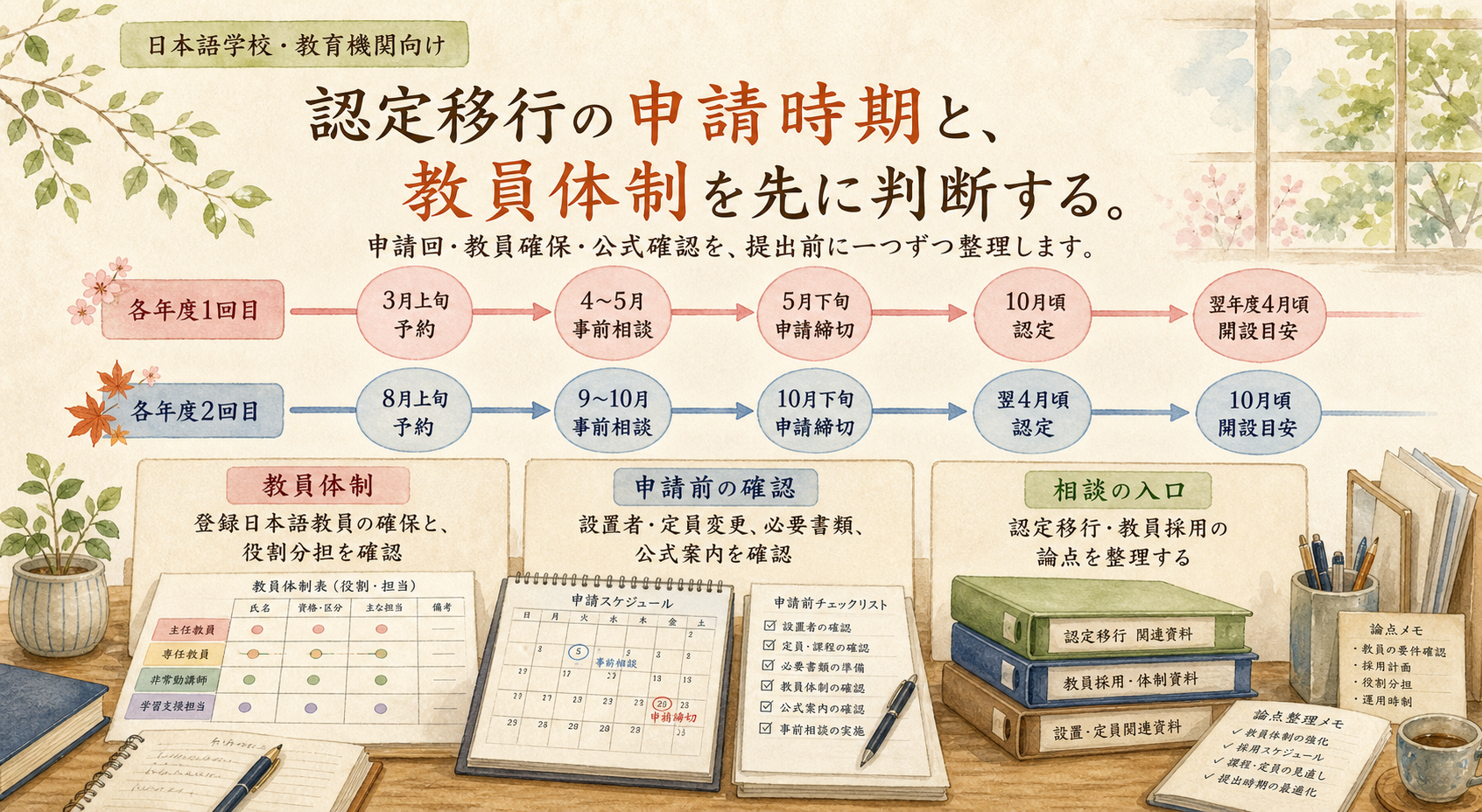 日本語学校・教育機関が認定移行の申請時期、教員体制、申請前確認を整理する水彩ビジュアル。