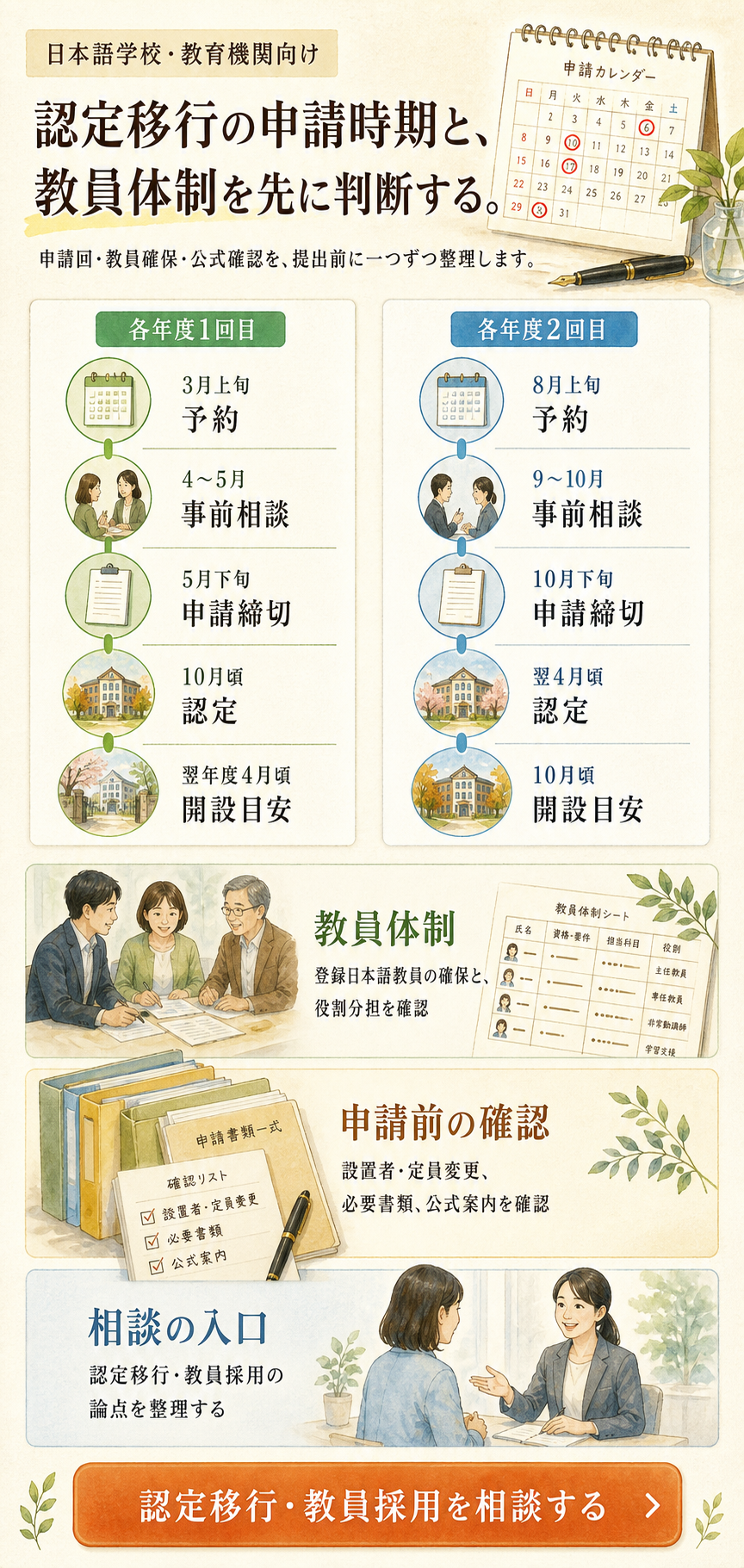 認定移行の申請時期と教員体制を整理するスマートフォン向け水彩ビジュアル。