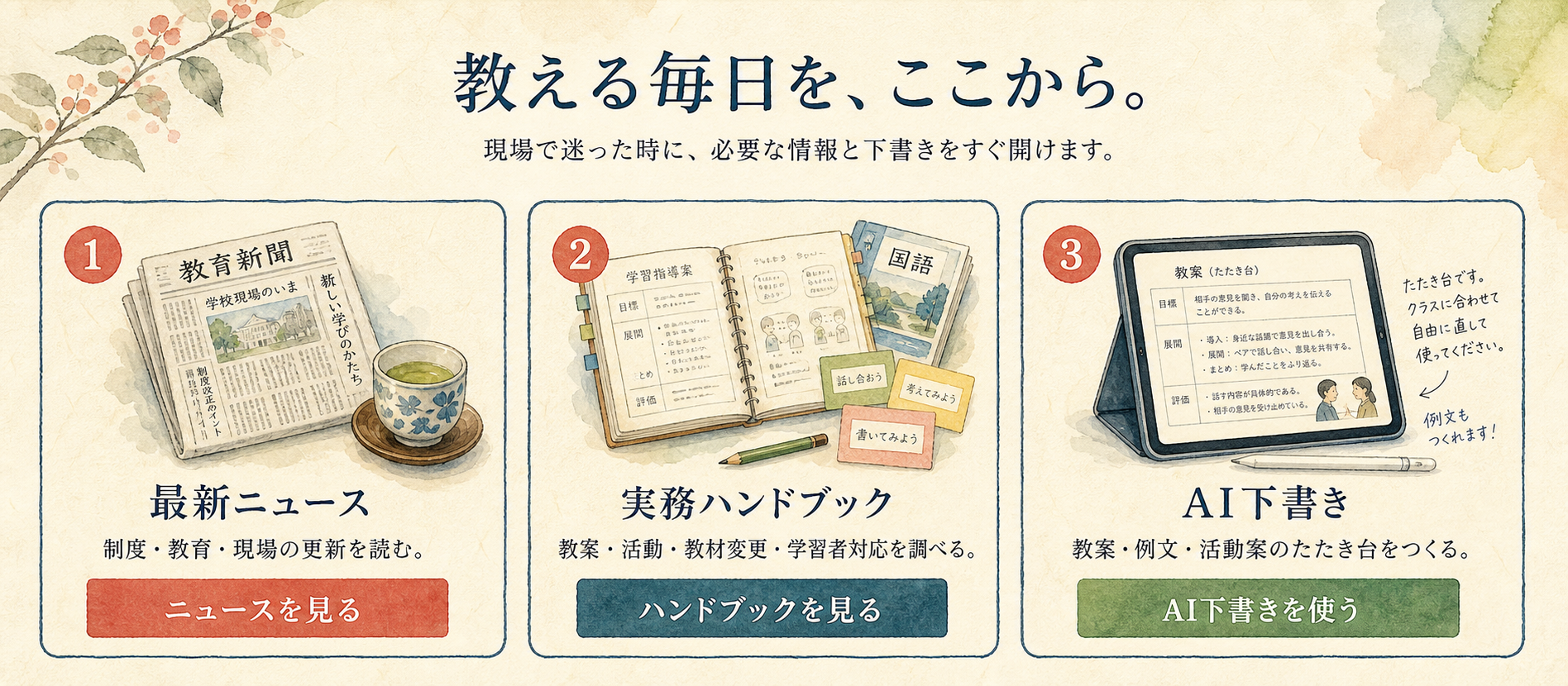 HOME下層で、最新ニュース、実務ハンドブック、AI下書きの3入口を、淡い水彩・和紙の編集イラストで示す完成ビジュアル。