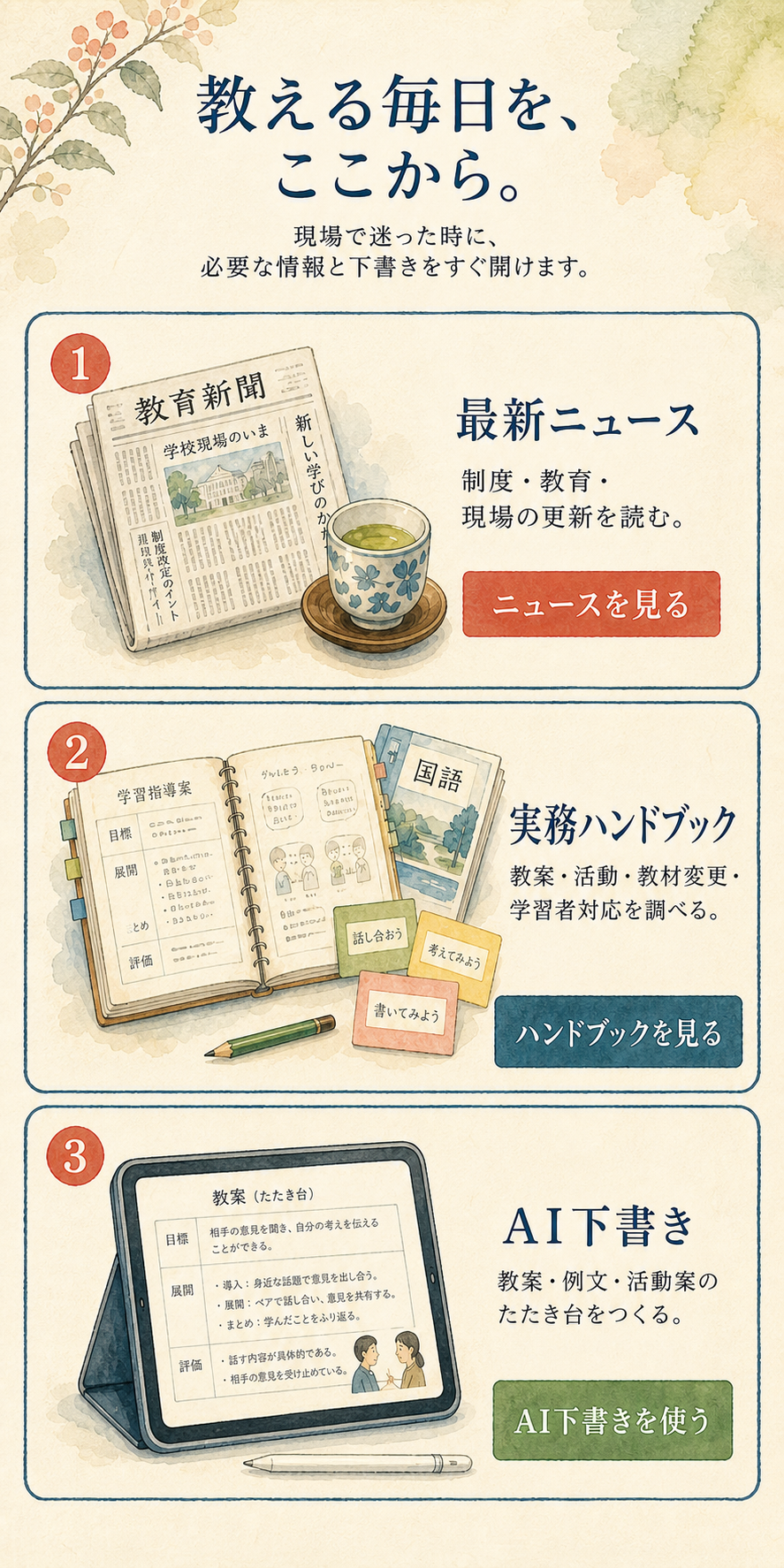 HOME下層で、最新ニュース、実務ハンドブック、AI下書きの3入口を、スマートフォンで縦に選べる淡い水彩・和紙の完成ビジュアル。