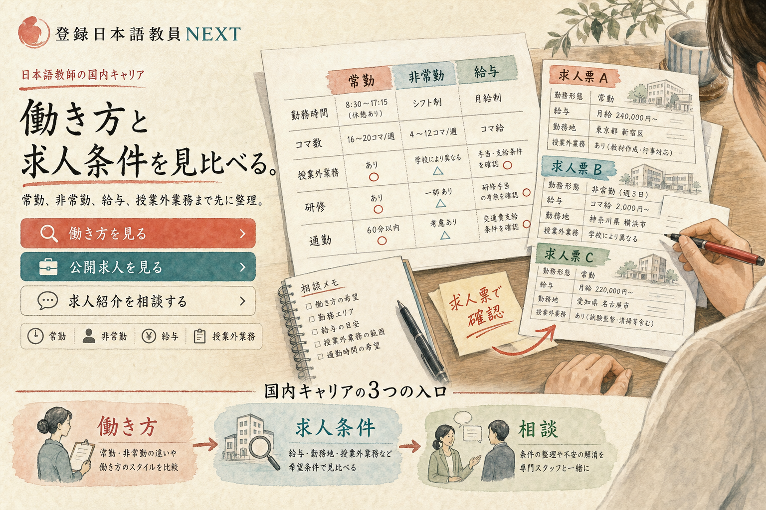 働き方、求人条件、給与、授業外業務を比較表と求人票で見比べる国内キャリアの水彩・和紙ビジュアル。