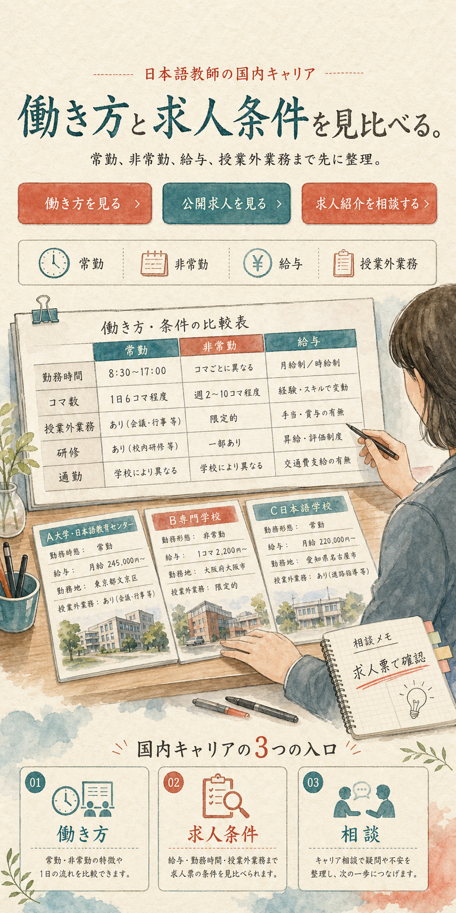 働き方、求人条件、給与、授業外業務を比較表と求人票で縦に見比べるスマートフォン向け水彩・和紙ビジュアル。
