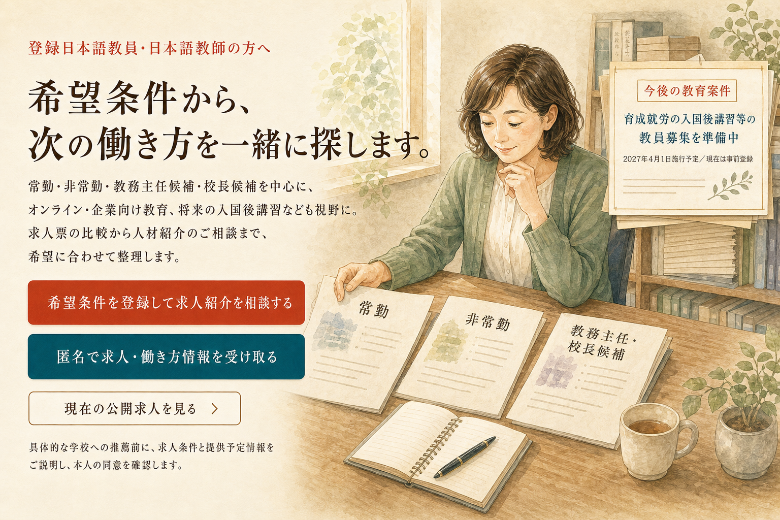 登録日本語教員の求人紹介・働き方相談。常勤・非常勤・教務主任候補・校長候補を中心に、希望条件を登録して相談できるページ。