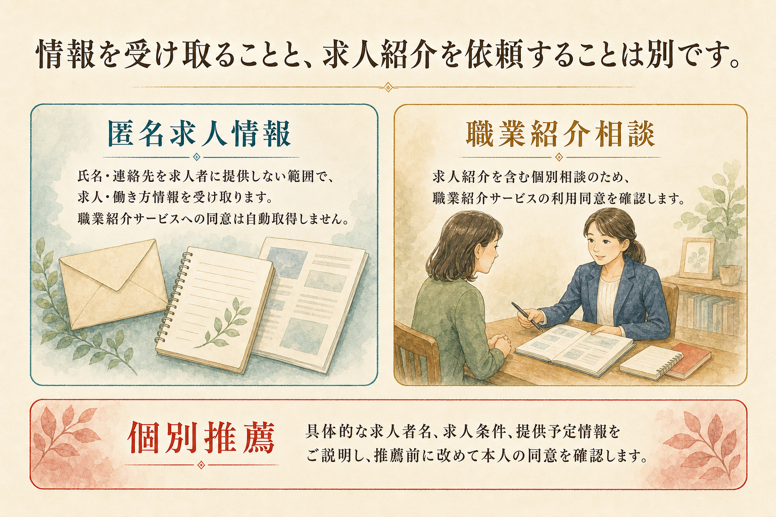 匿名求人情報の受信と職業紹介同意、個別推薦前同意の違い。