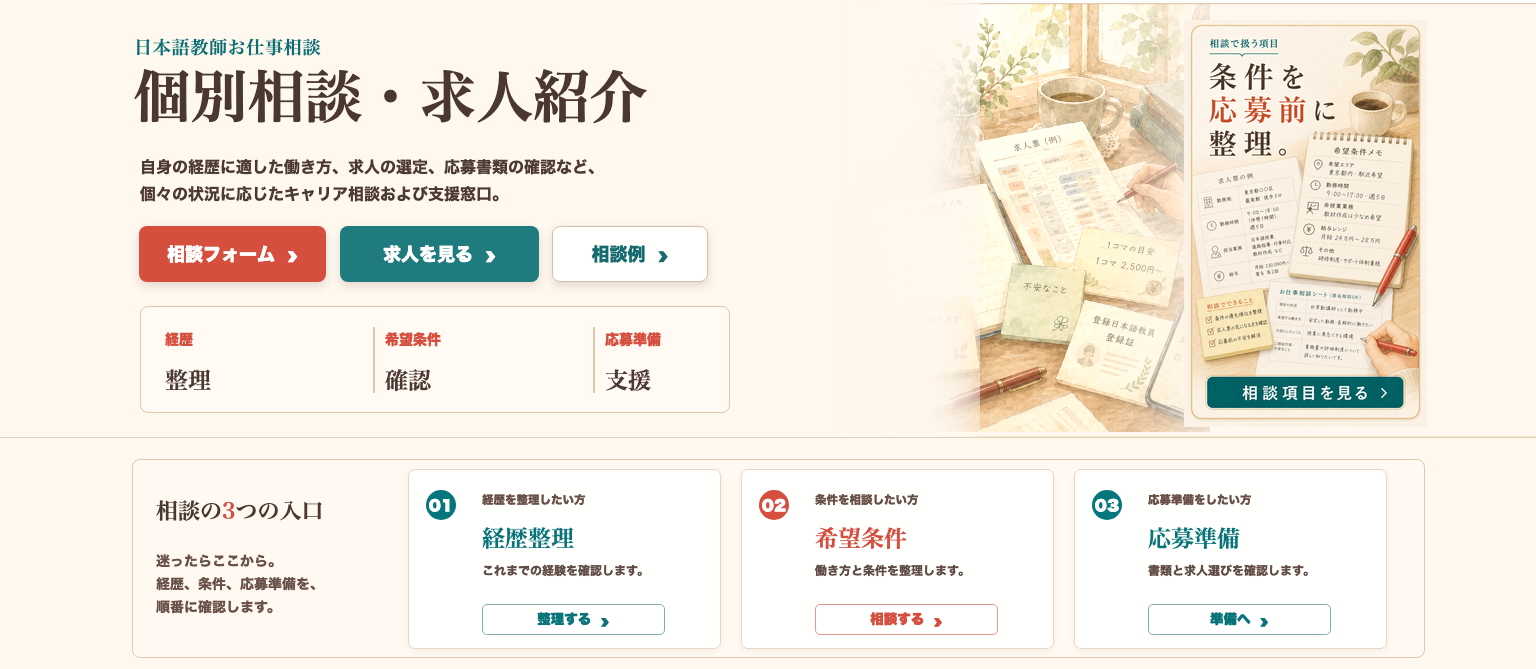 日本語教師お仕事相談ページ向けに、応募前の条件整理、匿名相談、求人票確認、条件メモ、相談例、求人を見る入口を大人向け相談デスクとして整理した一枚絵。