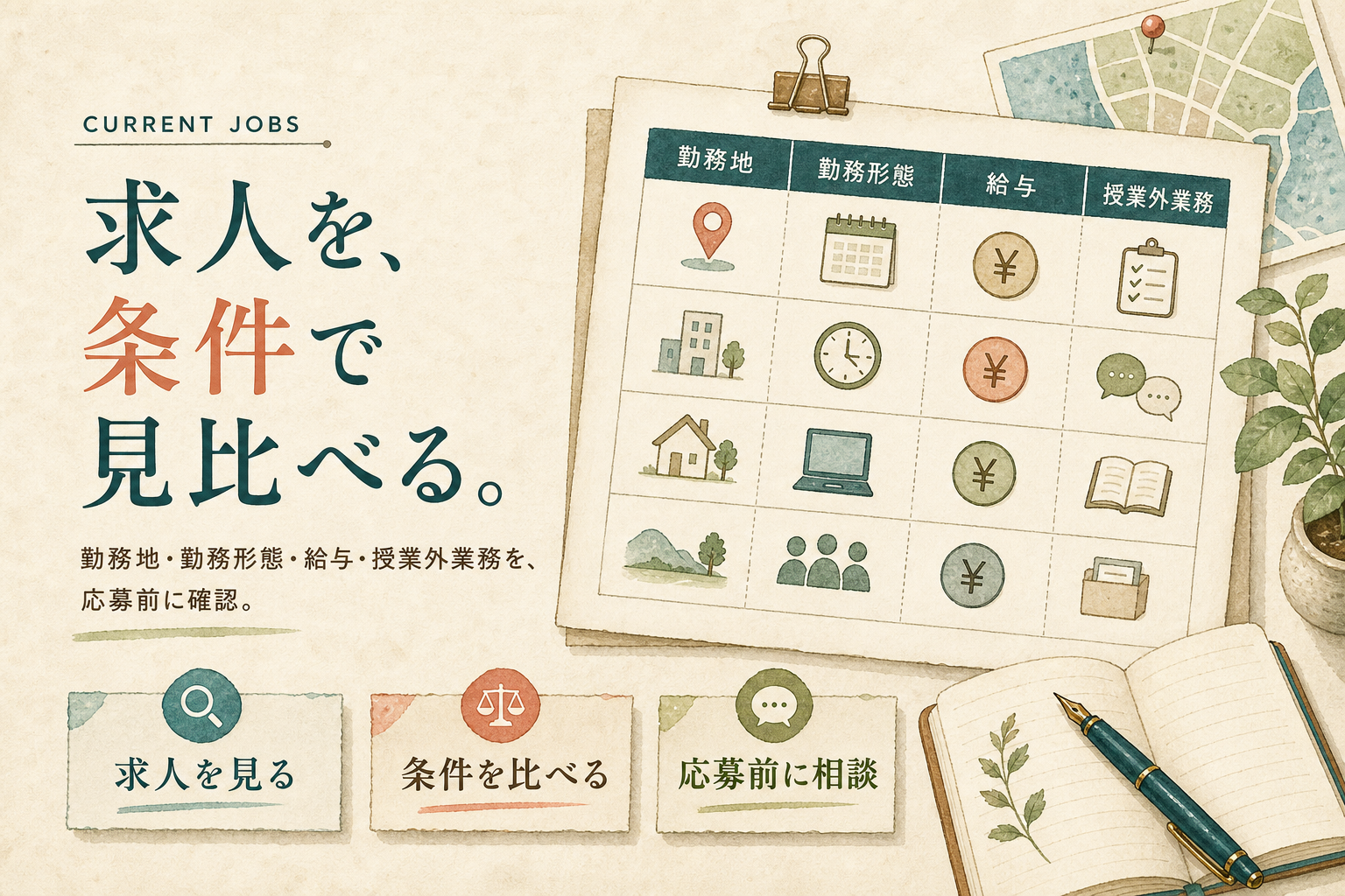 日本語教師の求人を、勤務地、勤務形態、給与、授業外業務の4軸で応募前に見比べる水彩・和紙の完成ビジュアル。