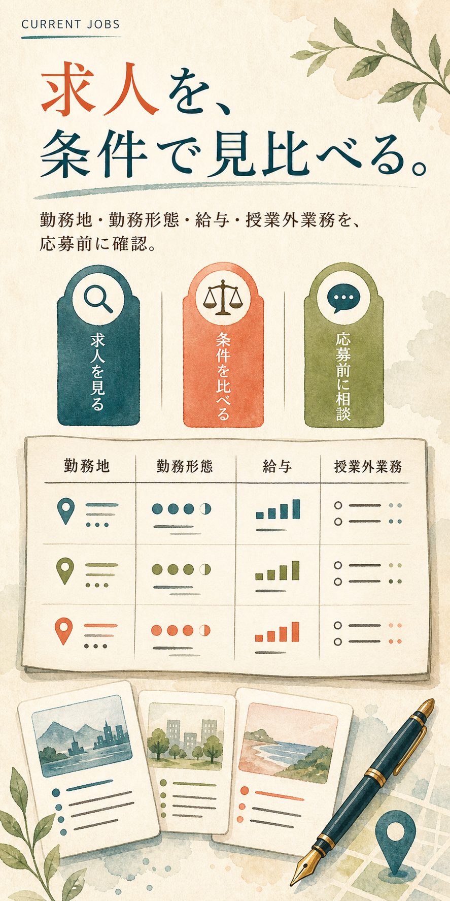 日本語教師の求人を、勤務地、勤務形態、給与、授業外業務の4軸で応募前に見比べるスマートフォン向け水彩・和紙の完成ビジュアル。