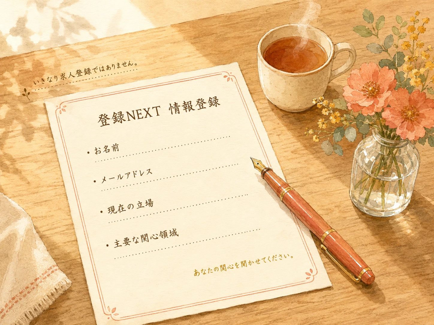 情報登録ページ向けに、登録ステップと登録後の案内を整理したビジュアル。