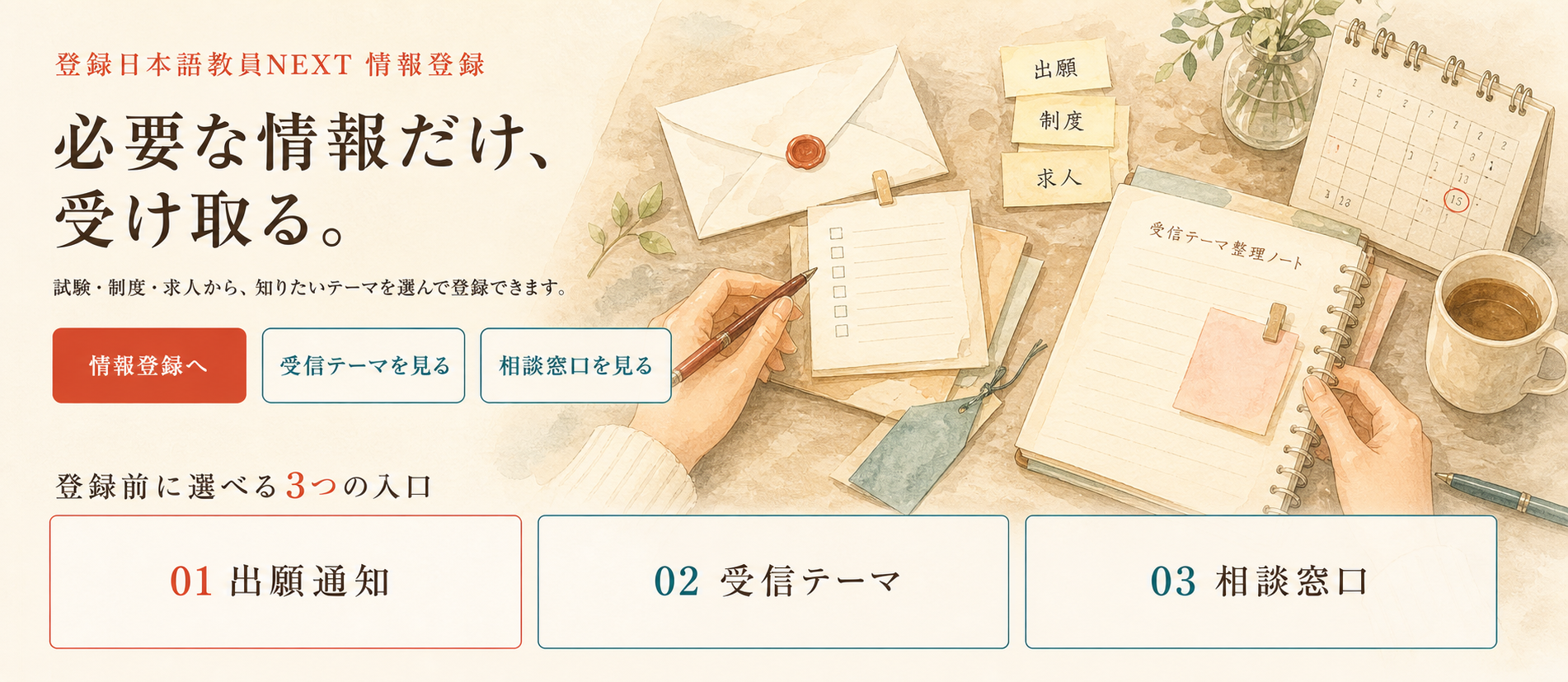 必要な試験・制度・求人情報だけを受け取るための情報登録デスク。