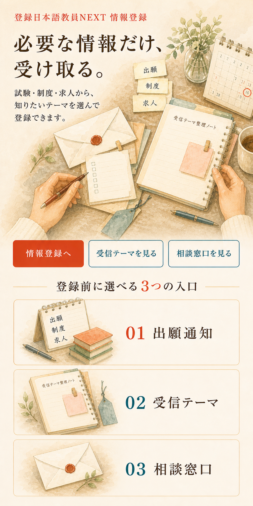 情報登録の入口を縦に整理したスマートフォン向け水彩ビジュアル。