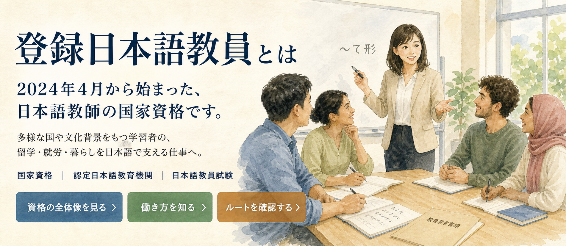 2024年4月から始まった日本語教師の国家資格、登録日本語教員と、多様な国や文化背景をもつ学習者に日本語を教える場面を紹介する水彩ビジュアル。