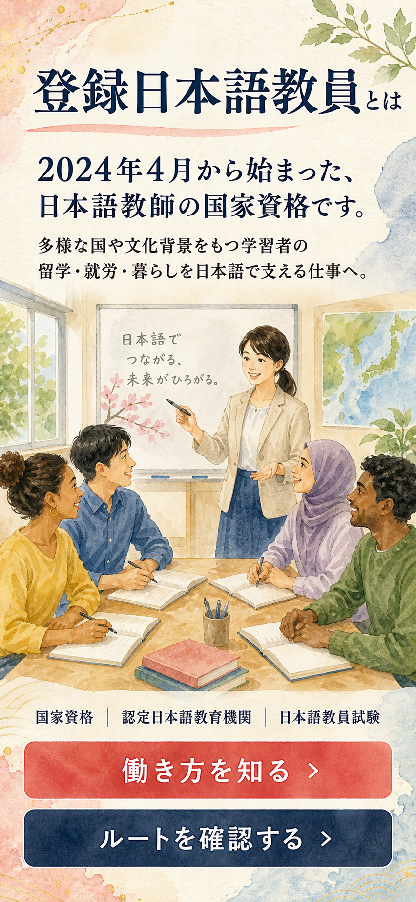 登録日本語教員が日本語教師の国家資格であり、多様な背景の学習者を教える仕事へつながることを紹介するスマートフォン向け水彩ビジュアル。